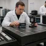 A metrology technician calibrates a granite surface plate using precision measuring instruments while another technician reviews a calibration report.