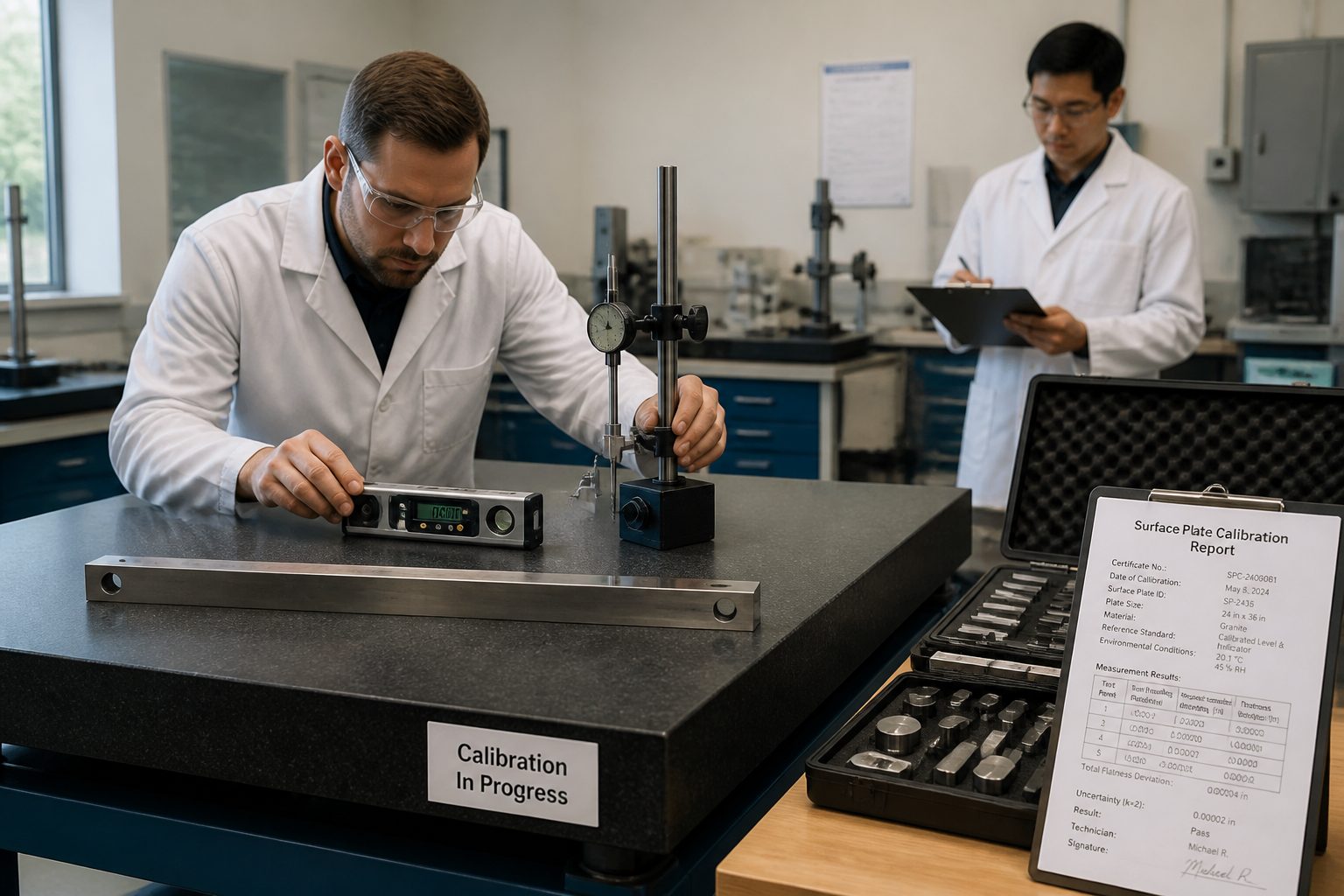A metrology technician calibrates a granite surface plate using precision instruments while another technician checks a calibration report.