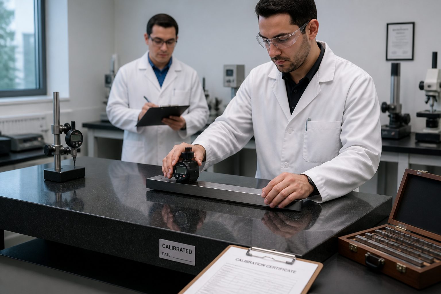A metrology technician calibrates a granite surface plate in a quality control lab while another technician records measurements.