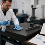 A lab technician cleans and inspects a granite surface plate beside precision measurement tools and a maintenance cost log.