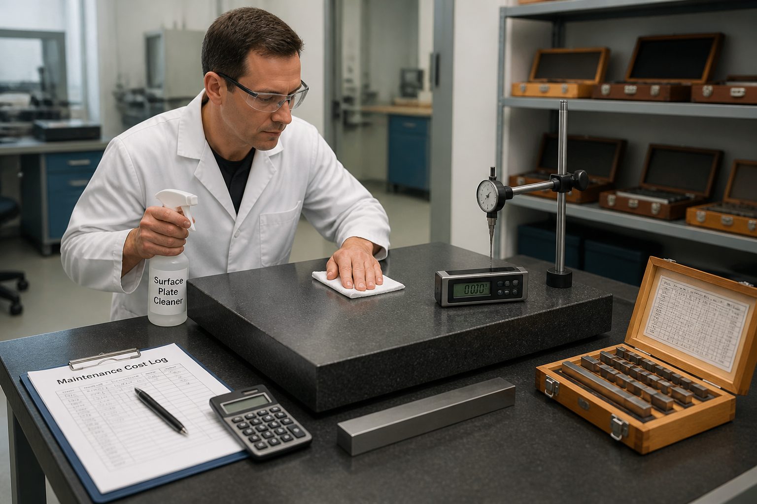 A lab technician cleans and checks a granite surface plate with calibration tools and a maintenance cost log on a workbench.
