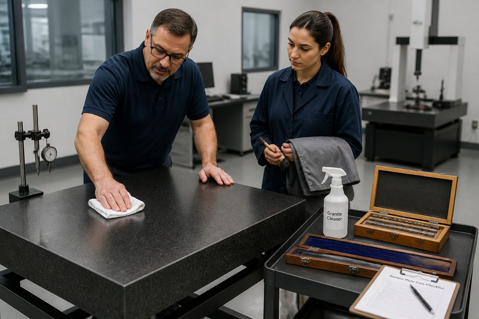 A senior technician trains a junior technician to clean and protect a granite surface plate in a metrology lab.