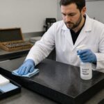 A lab technician wearing gloves wipes a granite surface plate with a lint free cloth while holding a surface plate cleaner bottle in a metrology lab.