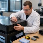 A metrology technician installs a protective edge guard and corner bumper on a granite surface plate in a lab.