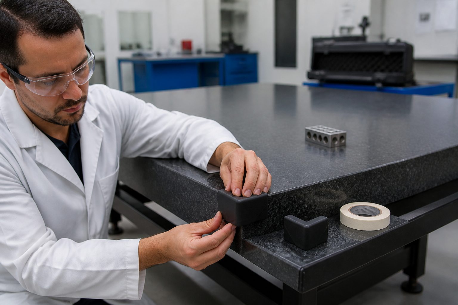 A metrology technician installs a protective corner guard on a granite surface plate edge in a calibration lab.