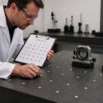 A metrology technician places grid point markers on a granite surface plate while preparing tools to measure flatness.