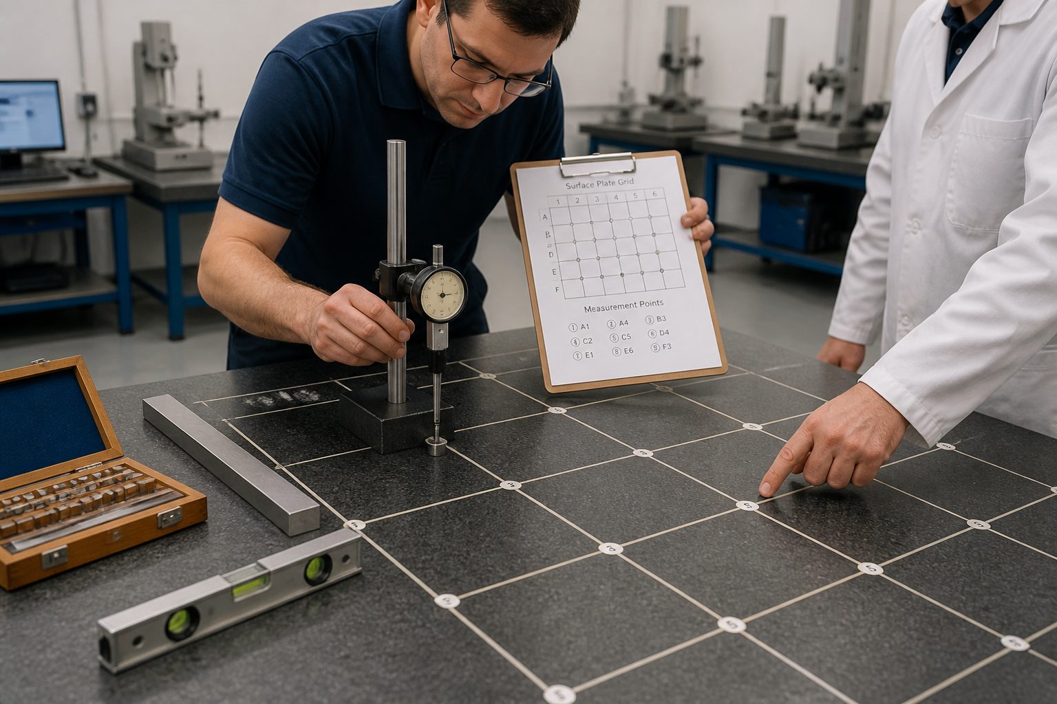 Two metrology technicians measure a granite surface plate at marked grid points using a dial indicator and a printed grid map.