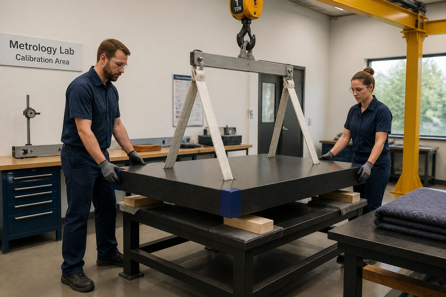 Two metrology technicians lift a granite surface plate with slings and a hoist in a calibration lab to prevent warping and damage.