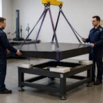 Two metrology technicians lift a granite surface plate with an overhead crane and slings in a calibration lab.