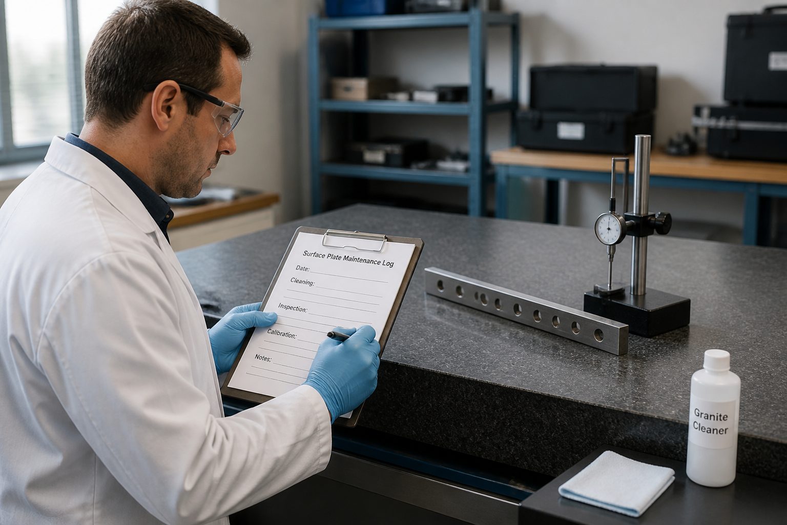 A metrology technician writes in a surface plate maintenance log beside a granite surface plate with inspection tools on it.