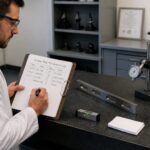 A lab technician writes in a surface plate maintenance logbook beside a granite surface plate with inspection tools on the table.