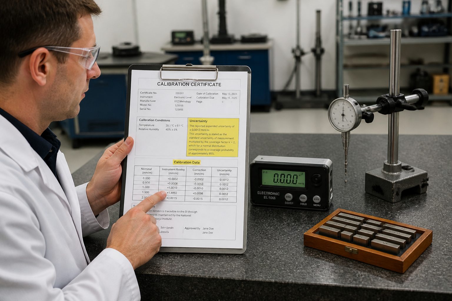 A lab technician reviews a surface plate calibration certificate while measuring a granite surface plate with precision instruments.