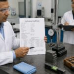 A metrology technician reviews a calibration certificate and points to an uncertainty value while measuring on a granite surface plate with a dial indicator.