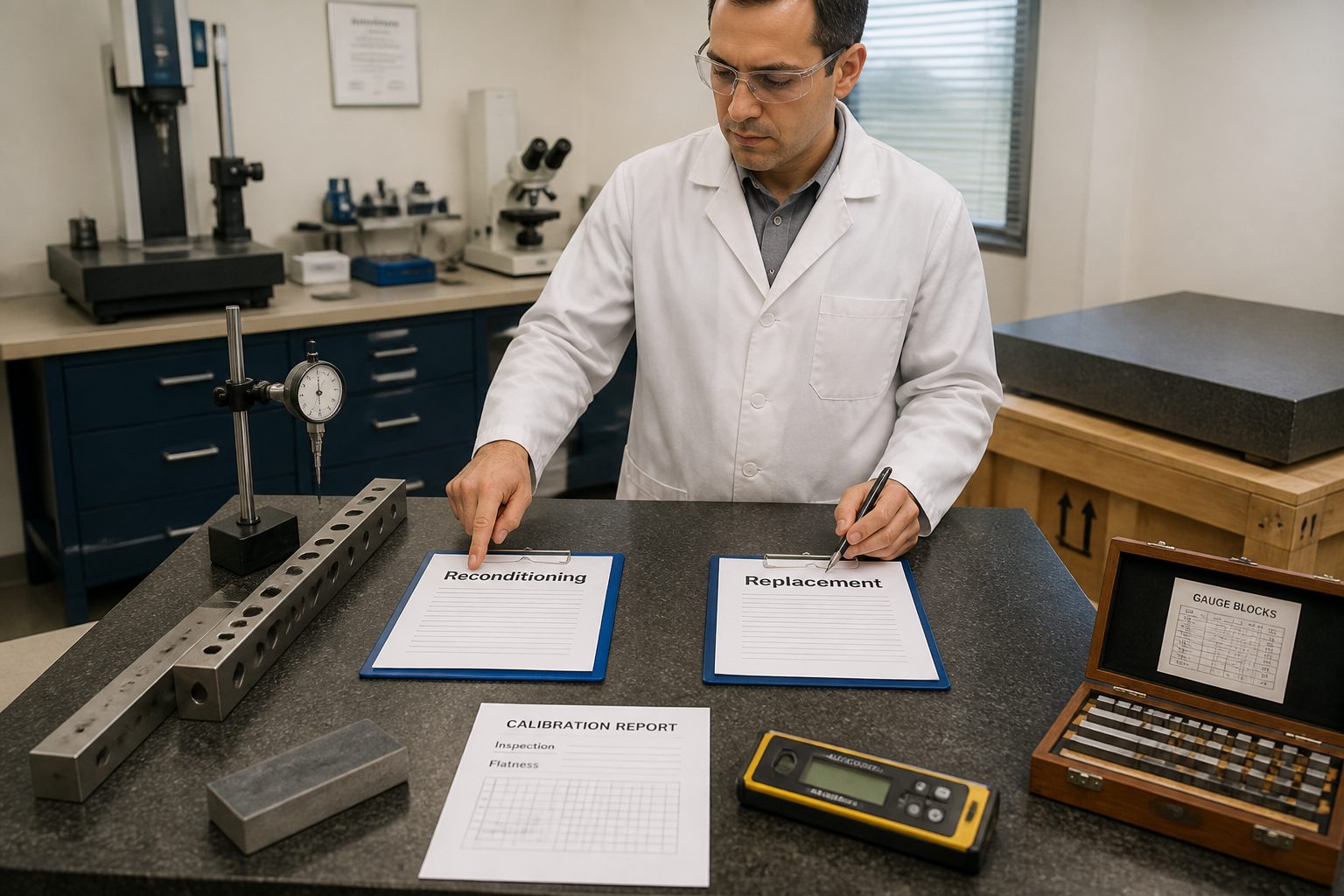 A metrology technician in a calibration lab compares reconditioning and replacement options beside a granite surface plate with inspection tools.