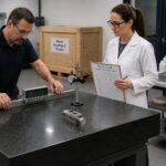 A male metrology technician and a female quality engineer inspect a granite surface plate with precision tools while reviewing an inspection report and a nearby crate for a new plate.