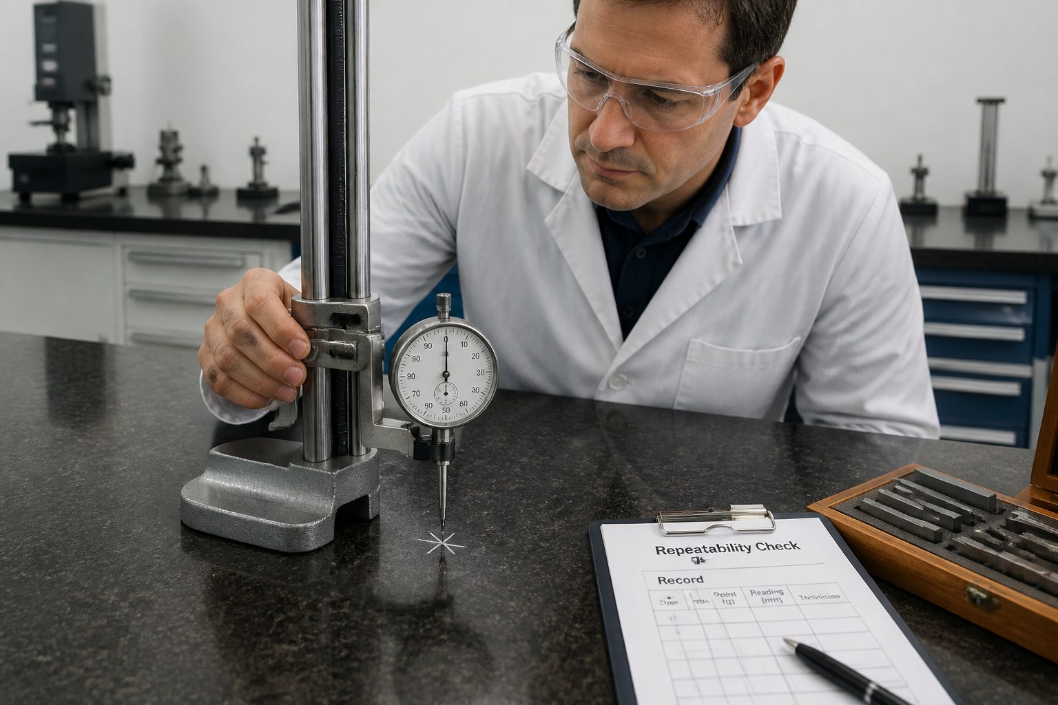A metrology technician uses a dial indicator on a granite surface plate to check repeatability and record results on a log sheet.