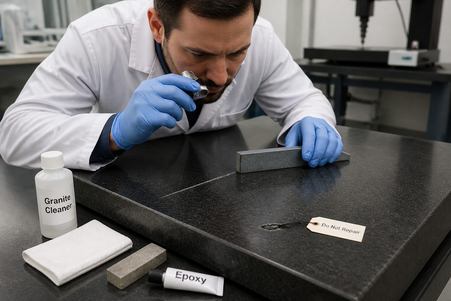 A metrology technician inspects a scratch on a granite surface plate using a magnifier and precision tools in a calibration lab.