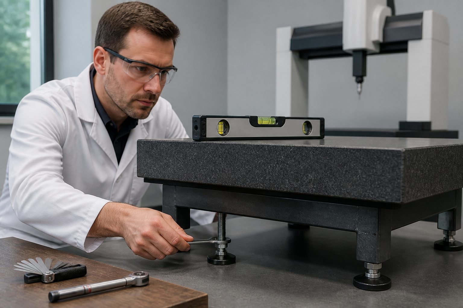 A male metrology technician adjusts a surface plate stand leveling foot while checking a precision level on a granite surface plate in a lab.