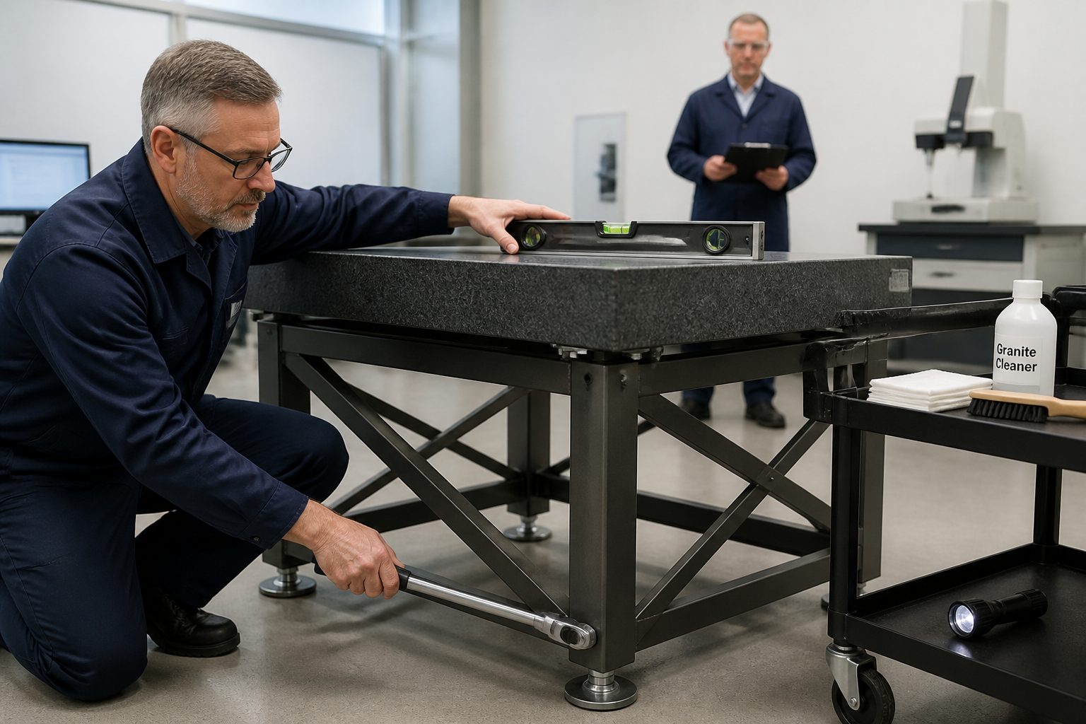 A lab technician tightens a leveling foot on a granite surface plate stand while checking a machinist level on the surface plate in a calibration lab.