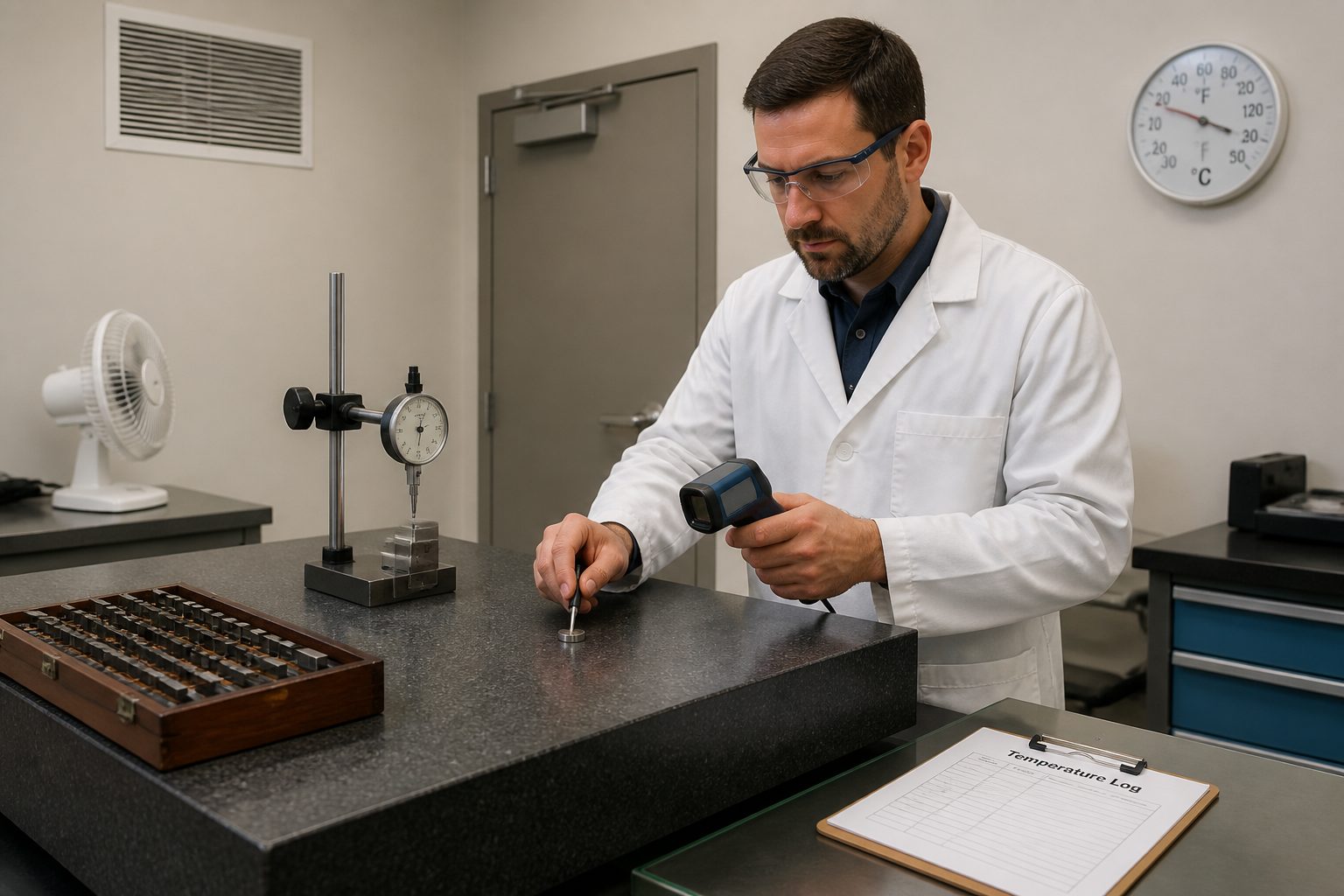 A lab technician measures granite surface plate temperature with a probe and infrared thermometer beside precision gauges in a metrology lab.
