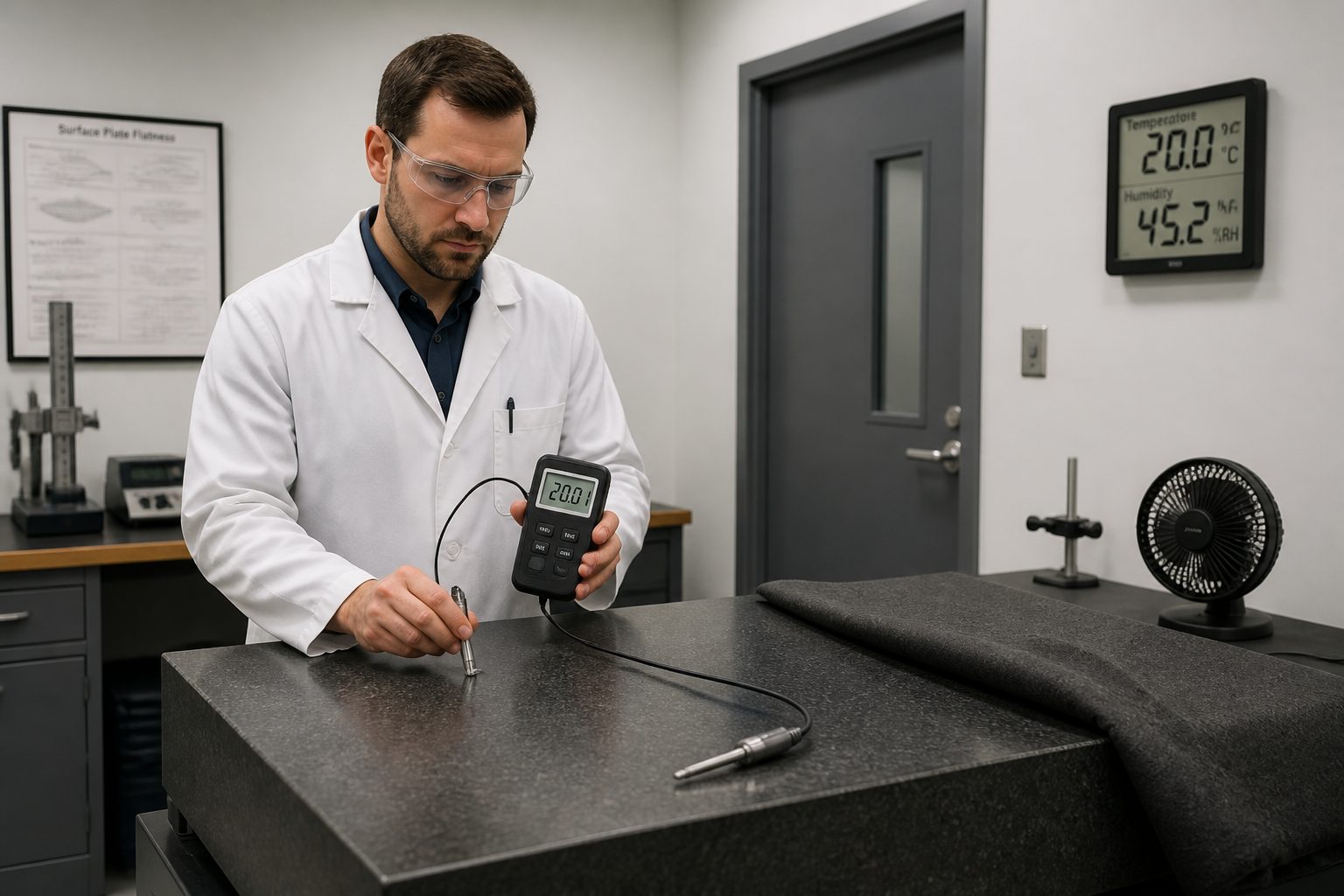 A metrology technician measures granite surface plate temperature with a contact probe and handheld thermometer in a calibration lab.