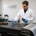 A metrology technician measures the temperature of a granite surface plate with a probe and digital thermometer beside precision measuring tools.