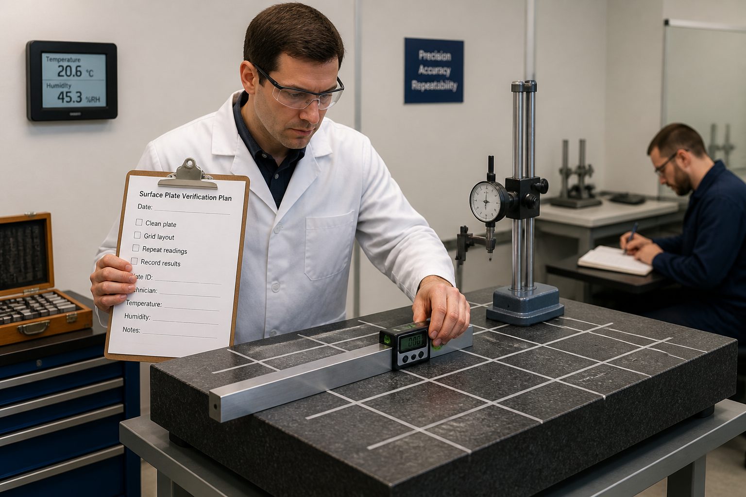 A metrology technician verifies a granite surface plate using precision instruments while following a printed verification plan on a clipboard.