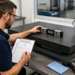 A lab technician checks a granite surface plate with a precision level while writing on a verification plan checklist.