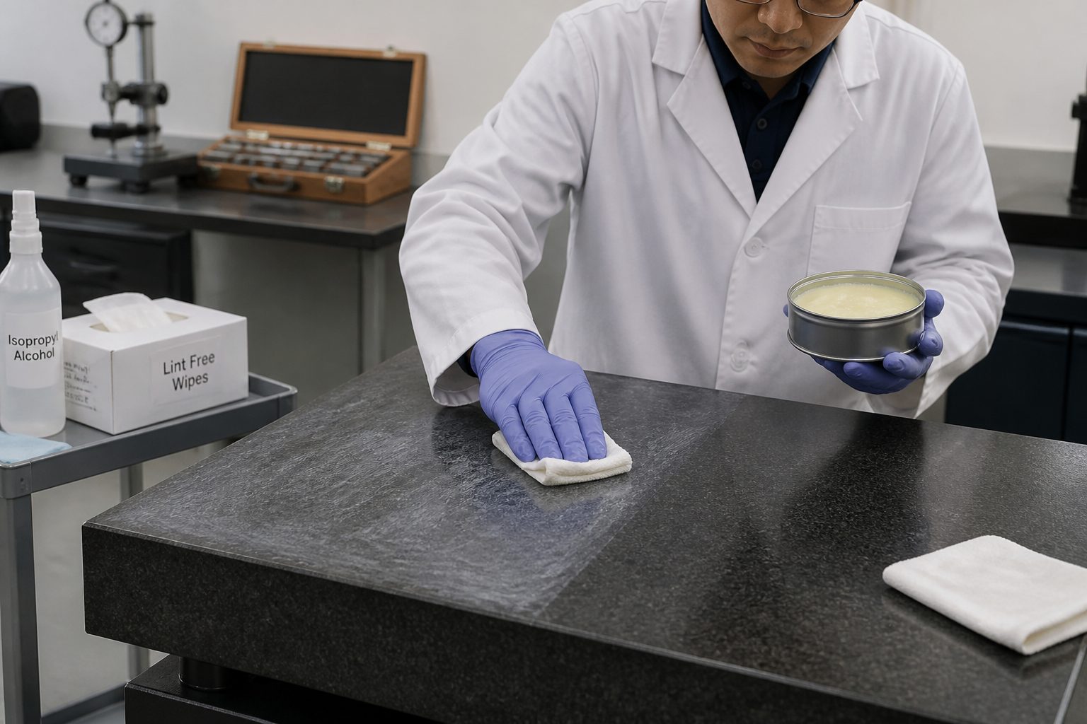 A metrology technician applies paste wax to a granite surface plate with a lint free cloth in a calibration lab.