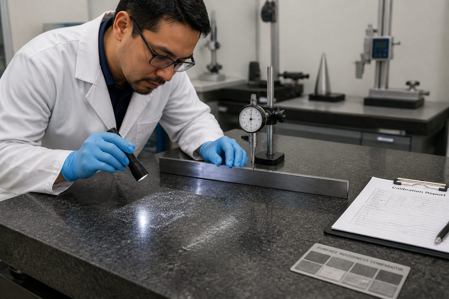 A metrology technician inspects wear patterns on a granite surface plate using a straightedge and dial indicator in a calibration lab.