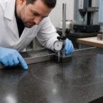 A male metrology technician checks wear patterns on a granite surface plate using a straightedge and dial indicator in a lab.