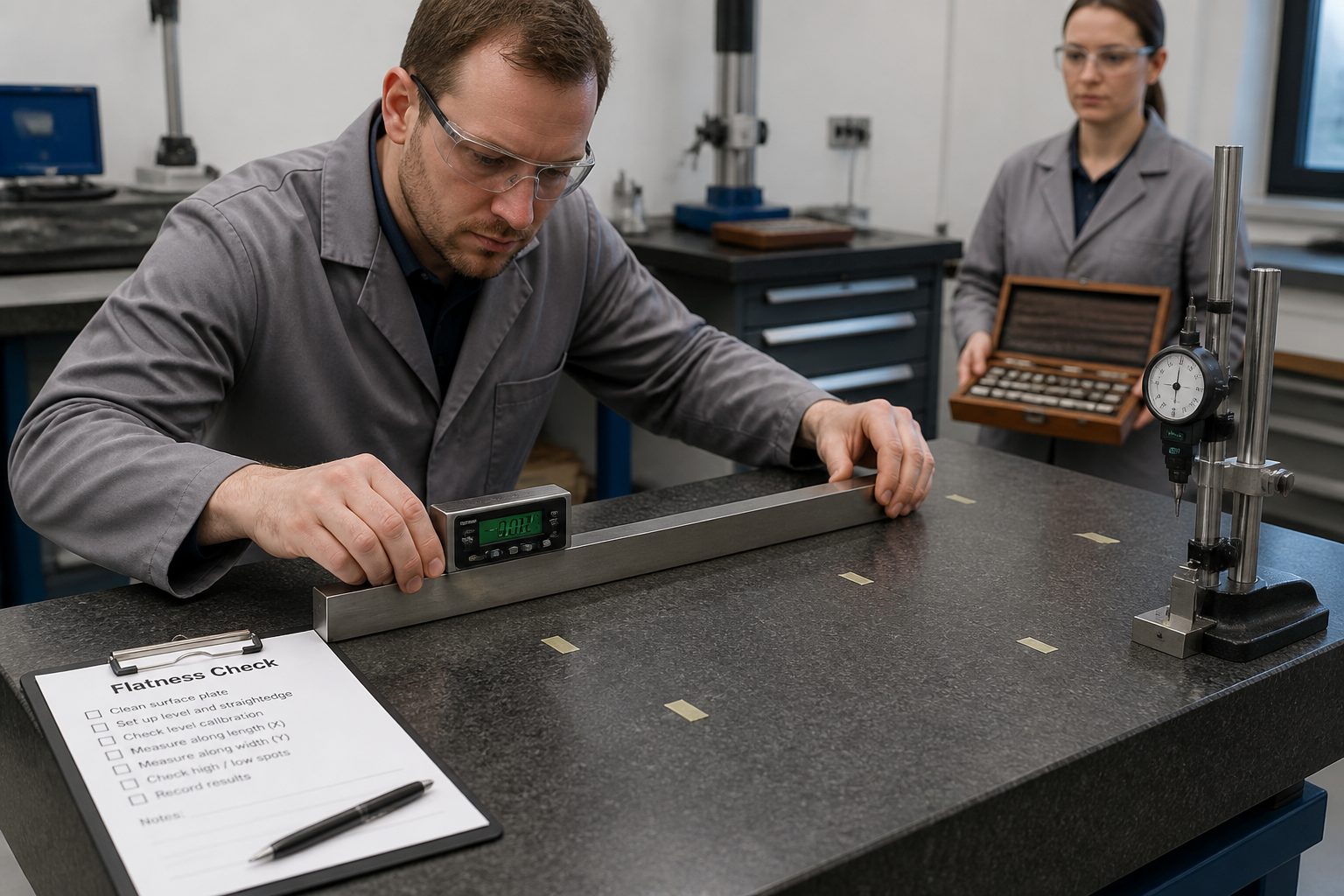 A male technician checks granite surface plate flatness with a precision level and straightedge while a woman observes in a metrology lab.