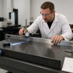 A lab technician checks granite surface plate flatness using a straightedge and a dial indicator in a metrology lab.