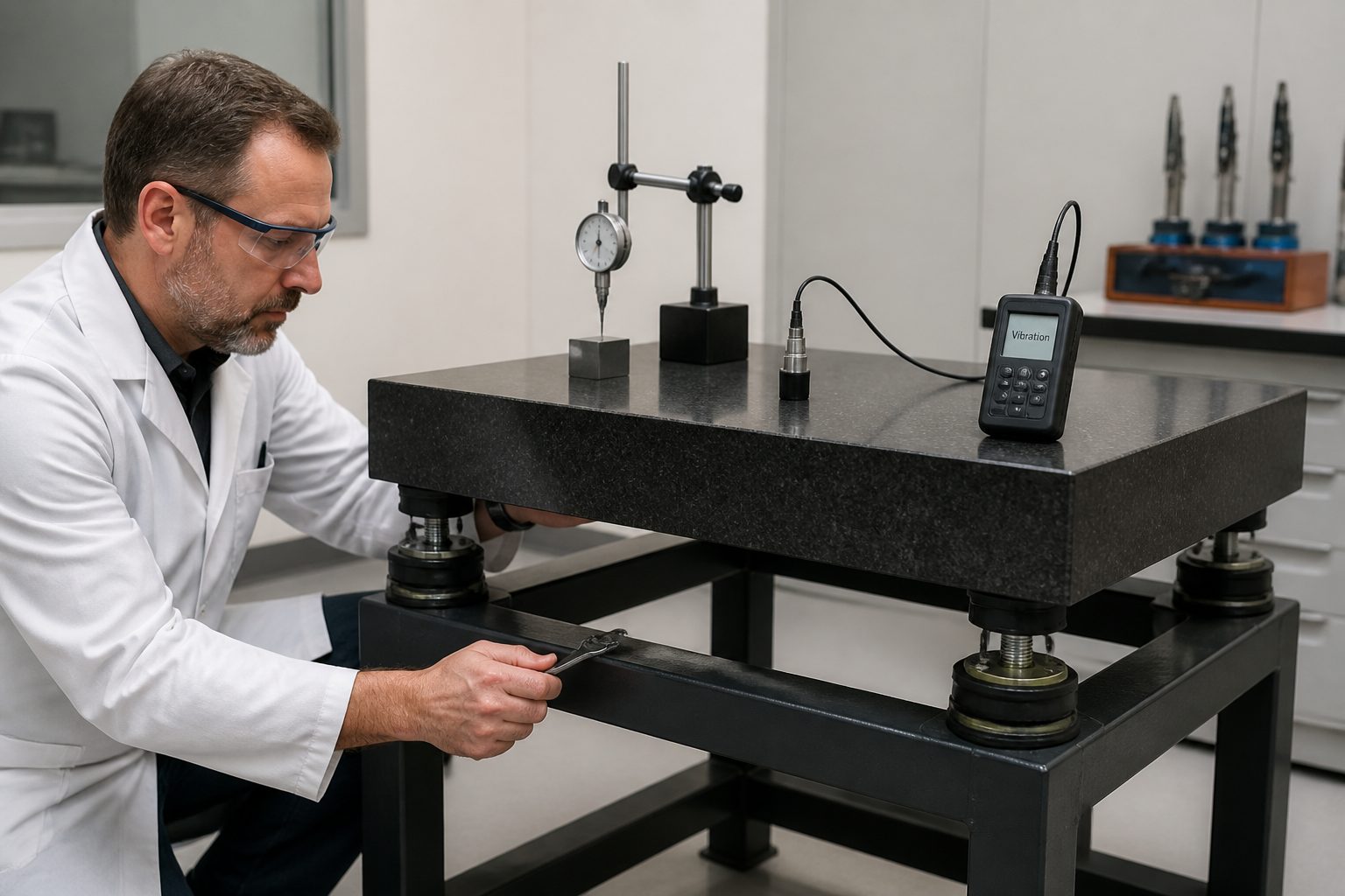 A lab technician adjusts vibration isolation mounts under a granite surface plate while a vibration meter and dial indicator sit on the plate for accuracy testing.