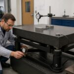 A lab technician adjusts vibration isolation mounts under a granite surface plate while a dial indicator sits on the plate for precision measurement.