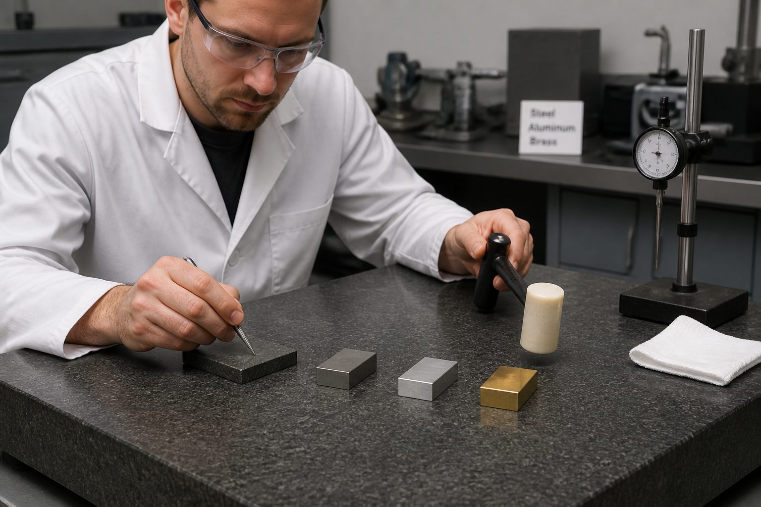 A lab technician compares metal workpieces and hand tools on a granite surface plate while checking the surface with a dial indicator.