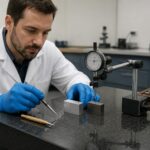 A lab technician compares aluminum and steel workpieces on a granite surface plate while using a dial test indicator and different tool tips.