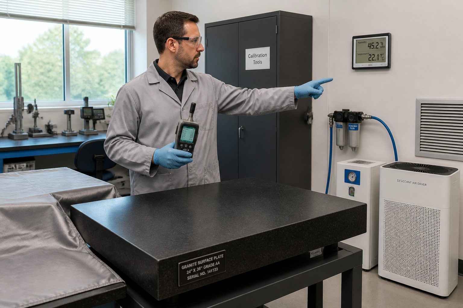 A male metrology technician checks air quality with a particle counter beside a granite surface plate near a HEPA air purifier and humidity gauge.