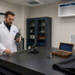 A metrology technician measures air quality beside a granite surface plate while checking it with a dial indicator in a clean workshop.