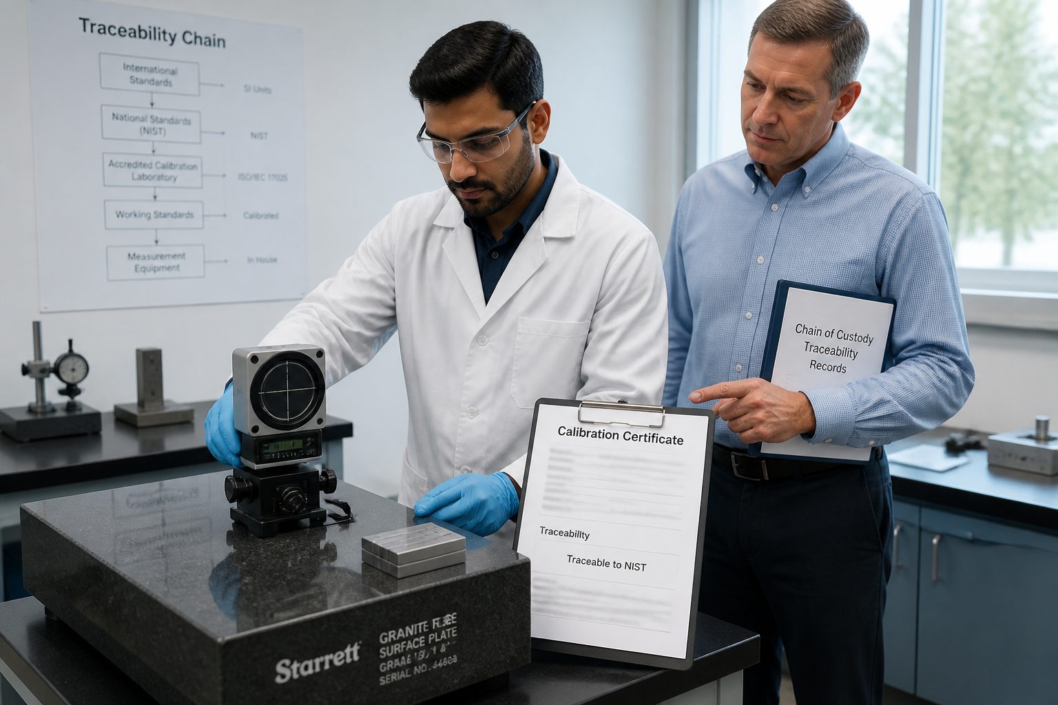 A metrology technician checks a granite surface plate with precision instruments while showing a calibration certificate with traceability information.