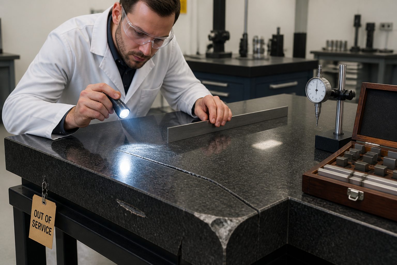A metrology technician inspects a cracked granite surface plate with a flashlight and straightedge in a calibration lab.
