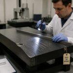 A lab technician inspects a damaged granite surface plate with a straightedge and flashlight, showing cracks, deep scratches, and a chipped corner.