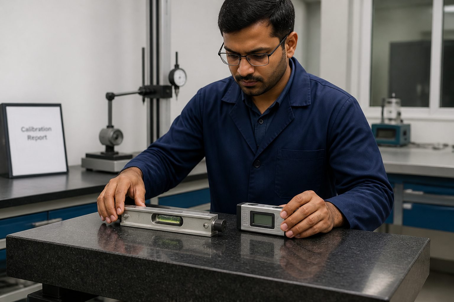 A metrology technician compares a mechanical spirit level and an electronic digital level on a granite surface plate during calibration.