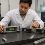 A metrology technician compares an electronic digital level and a mechanical spirit level on a granite surface plate during calibration.