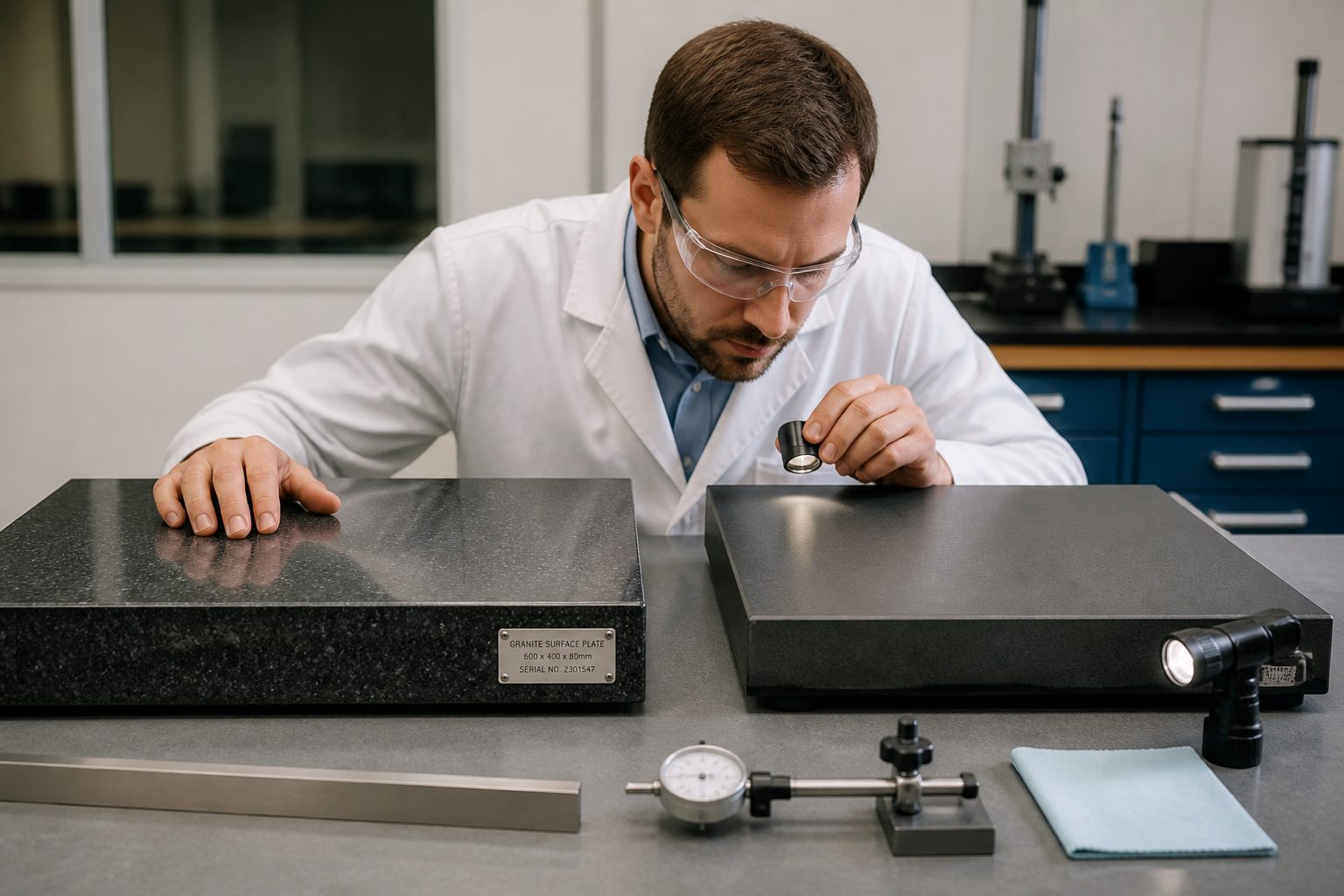A male metrology technician compares a granite surface plate and a composite surface plate using a loupe and flashlight in a calibration lab.