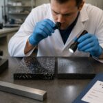 A lab technician compares a granite surface plate sample and a composite surface plate sample using a magnifying loupe and flashlight on a metrology bench.