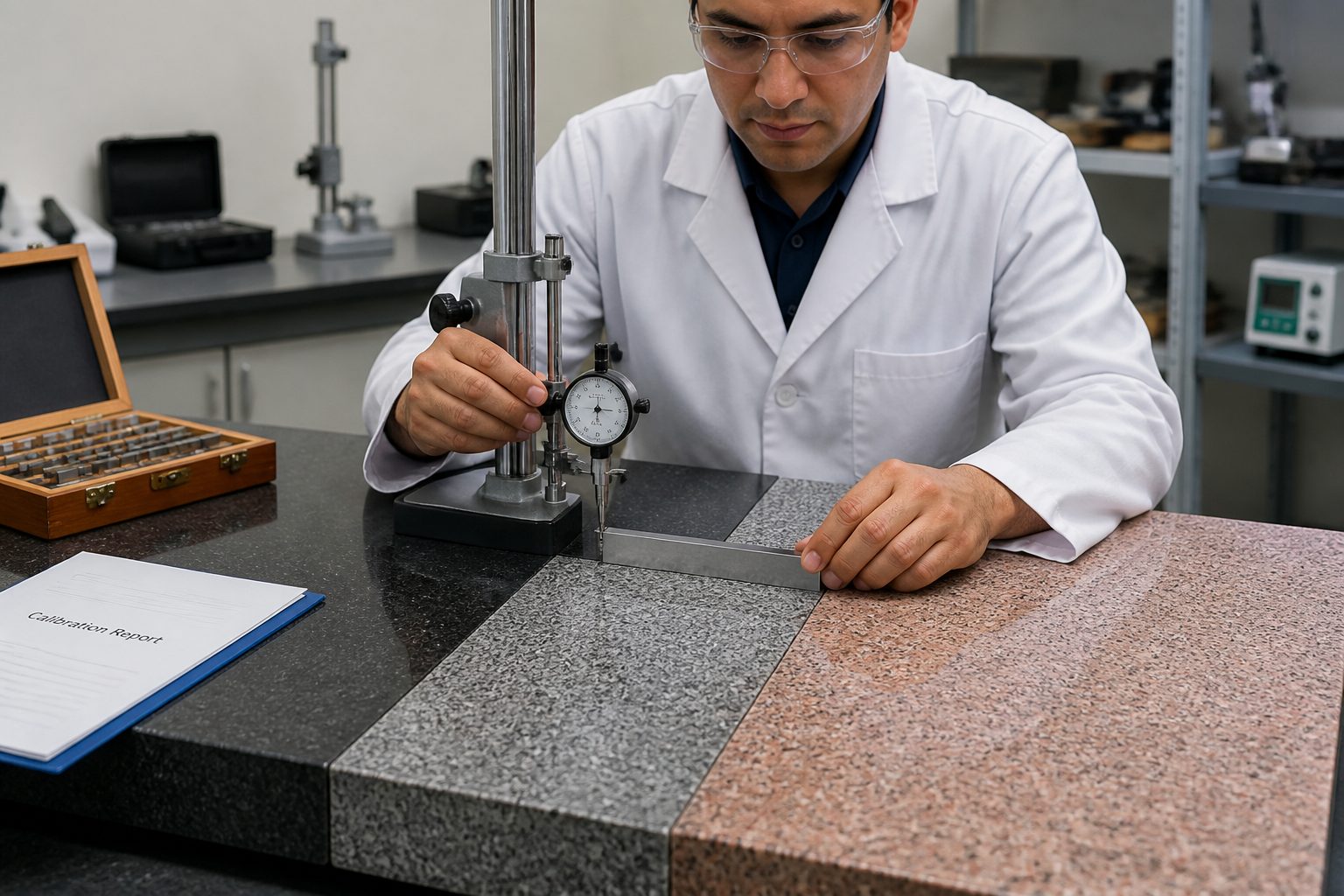 A metrology technician measures flatness with a dial indicator on black, gray, and pink granite surface plates in a calibration lab.
