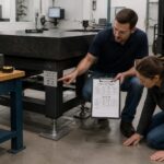 A man and a woman inspect a granite surface plate on a steel stand while reviewing floor and bench support documents in a metrology lab.