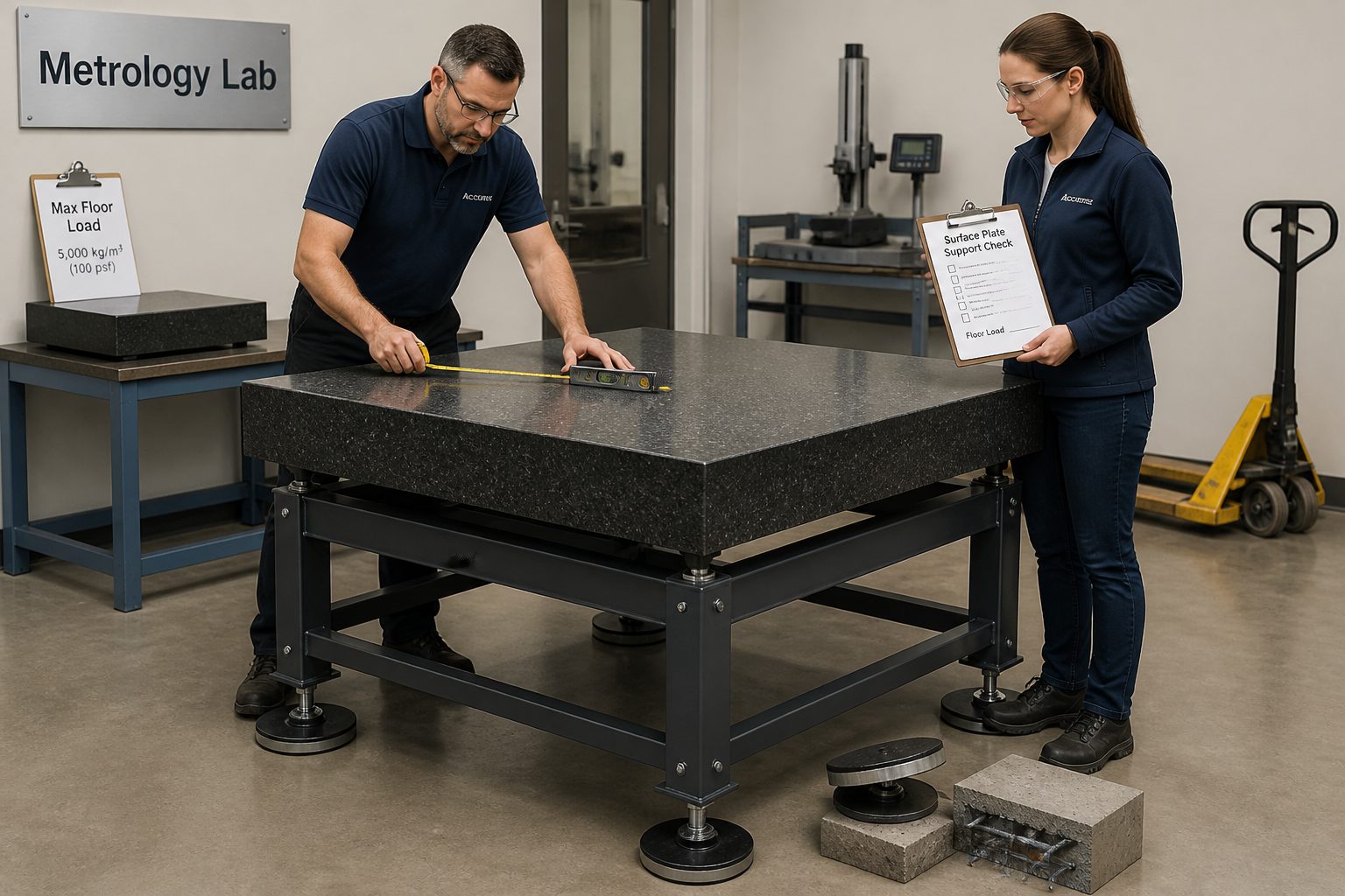 A man and a woman inspect a granite surface plate on a heavy steel stand while checking leveling feet and floor support in a metrology lab.