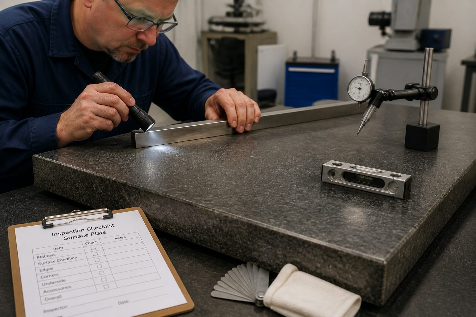 A metrology technician inspects a used granite surface plate with a straightedge and dial indicator in a calibration lab.